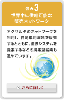 強み3 世界中に供給可能な販売ネットワーク：アクサルタのネットワークを利用し、自動車用塗料を販売するとともに、塗装システムを提案するなどの提案型営業も積極的に進めています。
